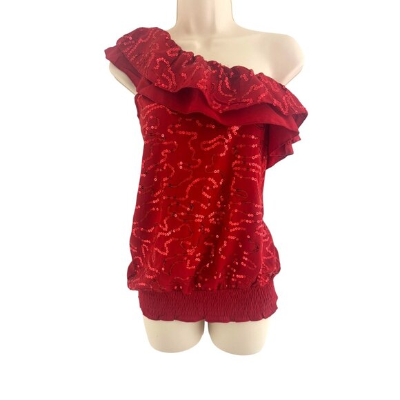 Red Double Ruffle Sequins One-Shoulder Blouson Top Blouse Shirt‎ Size Medium - Picture 1 of 6